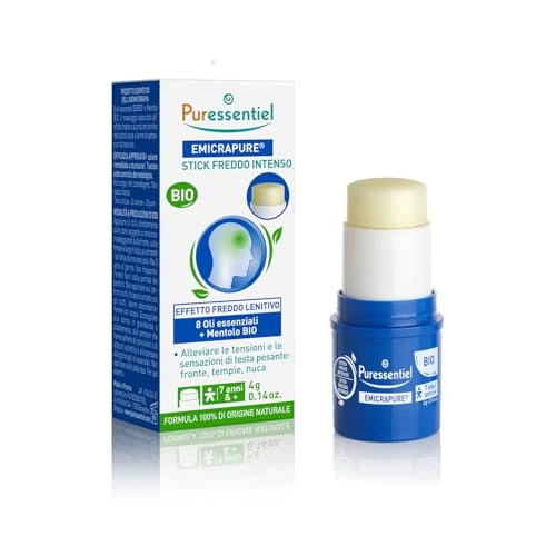 Puressentiel – Emicrapure – intensywny zimny kij – łagodzi ciężkie napięcie i odczucia głowy – kojący zimny efekt, natychmiastowe działanie, 8 olejków eterycznych i organiczny mentol - 4 g