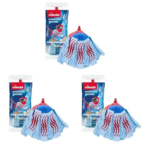 Vileda SuperMocio 3Action ricambio, confezione da 3, adatto per il Sistema lavapavimenti Vileda SuperMocio , per tutti i tipi di pavimento, rimuove oltre il 99% dei batteri solo con acqua