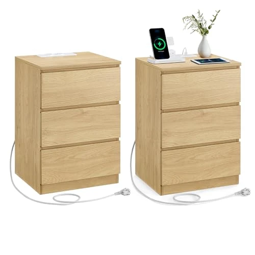 Offerta a tempo: VASAGLE Kailyn Collection - Comodino con multipresa, set di 2 tavolini con 3 cassetti, 2 prese CA, 2 porte USB, per soggiorno, camera da letto, ufficio, moderno, giallo paglia, LET831Y70 - 22% da 119.99 € a 93.49 €
