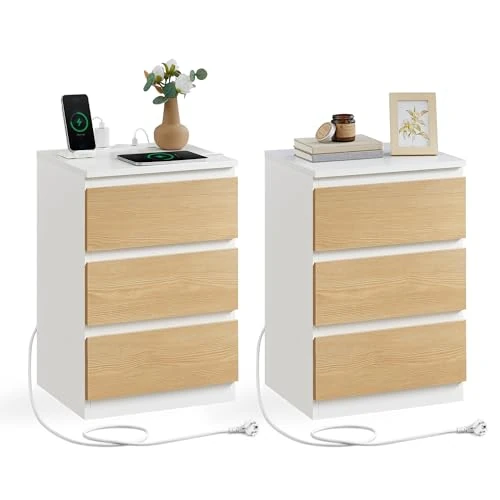 Offerta a tempo: VASAGLE KAILYN Collezione - Comodino con Stazione di Ricarica, Set di 2, con 3 Cassetti, 2 Prese AC 2 Porte USB, per Soggiorno, Camera da Letto, Studio, Bianco Nuvola e Giallo Mandorla LET831Y01 - 20% da 109.99 € a 87.99 €