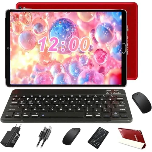 GOODTEL Tablet 10 inch 4 GB RAM + 64 GB ROM, Android 11, WiFi, Bluetooth, OTG, batterij 6000 mAh, SD, met tas, rood