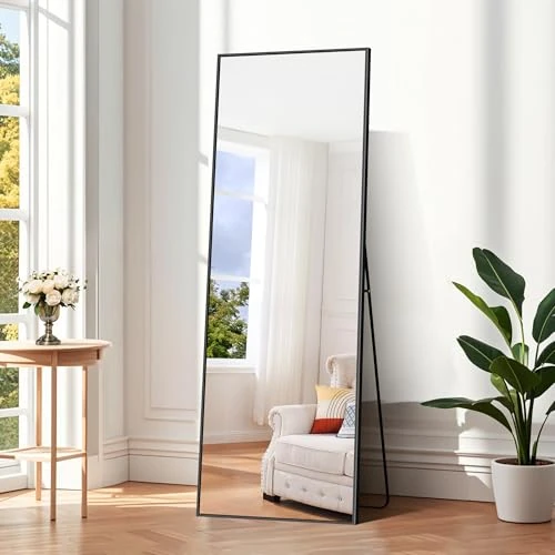 COFENY Spiegel in volledige lengte, 147 x 44 cm, zwarte spiegel in volledige lengte met aluminium frame, wandspiegel, staand, staande spiegel voor slaapkamer, woonkamer, entree