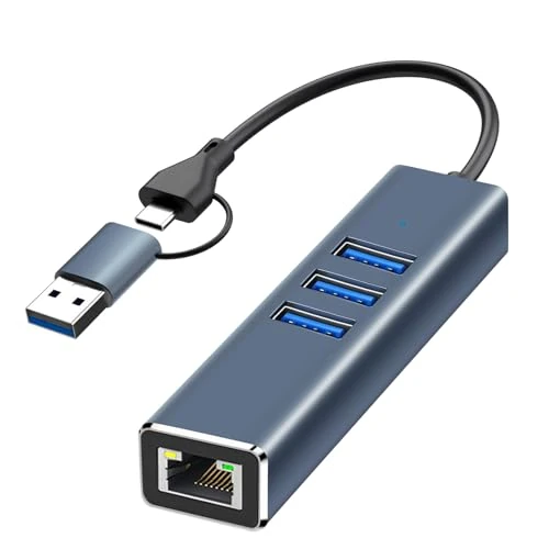 Adaptateur USB Ethernet avec 3 Ports USB 3.0, 1000Mbps RJ45 Hub USB-C vers LAN, Adaptateur RJ45 Réseau et usb3.0 pour Windows 11 10 8, Mac OS Linux