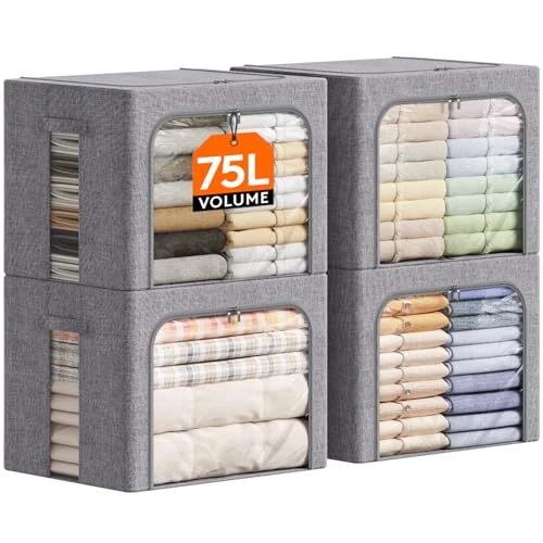 Lifewit Kleding Opbergbakken met Metalen Frame, Stapelbare Opbergdoos, Opvouwbare Kledingbakken met Deksel, 75L Opbergzakken Stoffen Doos Organizer met Doorzichtig Venster＆ Ritsen＆ Handgrepen 4 Pack