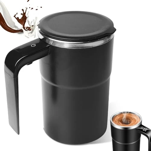 GOMETY Elektrischer Automatischer Selbstrührung Kaffeebecher, Selbstrührende Tasse 380ML mit Henkel, Thermobecher mit Temperaturanzeige, 304 Edelstahl Magnetische Tasse Mixerbecher für Kaffee