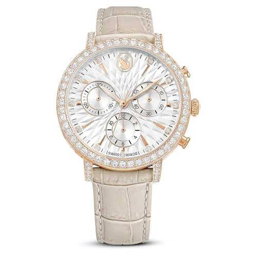 Zeitlich begrenztes Angebot: Swarovski Matrix Tennis Chrono Uhr, Beige, Analoge Armbanduhr mit Lederarmband, Roségoldfarbenem Finish und Klaren Kristallen, Armbandlänge: 13.5-18 cm, Armbandbreite 1.4 cm von 400.00 € auf 259.01 € (35% Rabatt)