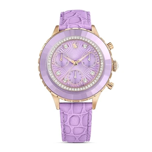 Beperkte aanbieding: Swarovski Octea Chrono horloge, Swiss Made, Lederen band, Paars, Roségoudkleurige afwerking van 430.00 EUR naar 301.00 EUR (besparing 30%)