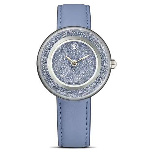Swarovski Montre Crystalline Lustre, boîtier 33 mm, Cadran orné d’Environ 3460 Cristaux Bleus, Bracelet en Cuir de Veau Italien, fabriquée en Suisse, étanchéité à 50 m, Acier Inoxydable