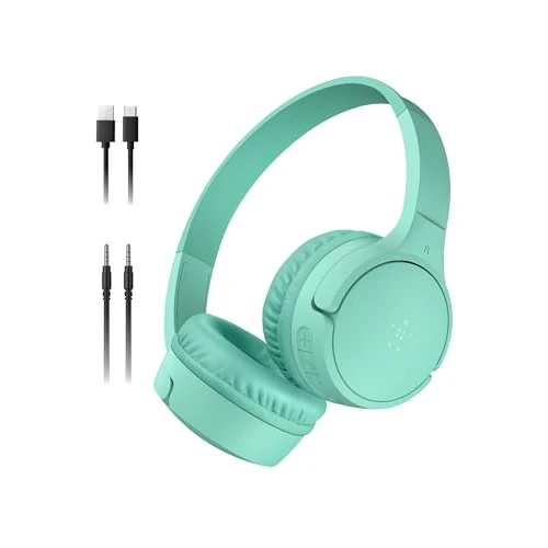 Belkin SoundForm Mini kabelloser Kinderkopfhörer mit integriertem Mikrofon und lustigen Aufklebern, 30 Std. Wiedergabe – Over-Ear-Kopfhörer für Unterricht, Ferien, iPhone, iPad, Galaxy – Mint