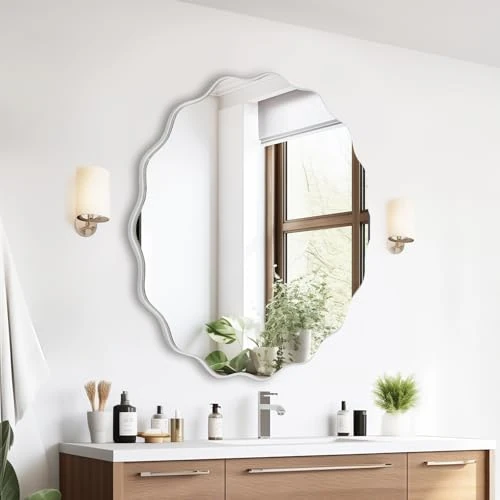 GIOVARA Espejo Ondulado Irregular 50 cm Espejo de Pared Decorativo para Colgar, Moderno, Industrial, Espejo de baño para baño, Lavabo, salón, Dormitorio(Bianco)