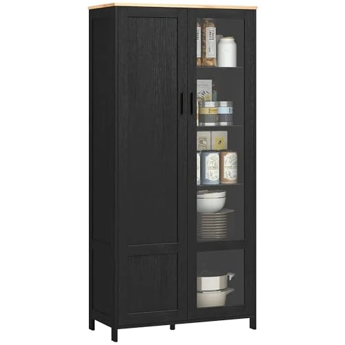 HOMCOM Mueble despensa de cocina con 9 estantes ajustables con puertas de cristal y base elevada, armario de cocina de madera, 76x36x160 cm, negro y color madera