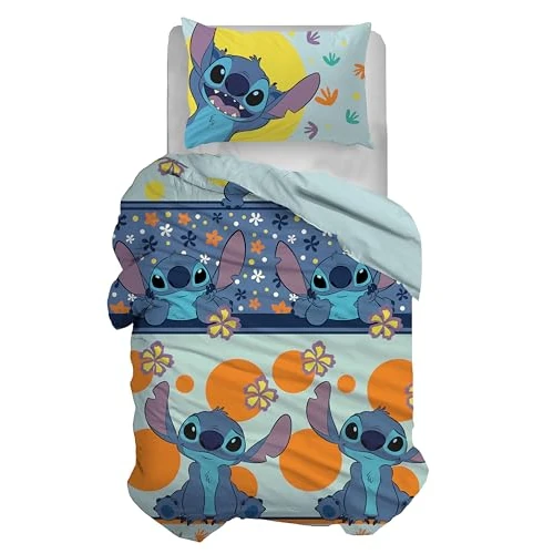 Disney, Set Copripiumino Letto Singolo, Sacco Copripiumone + Federa, Parure Copripiumino con Federa, Sacco 155x200 cm, 100% Cotone, Stitch, (Non Contiente Lenzuolo Con Angoli)