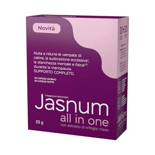 Offerta a tempo: Jasnum All in One – Integratore Donna per Menopausa – Capsule Giorno e Notte con Estratti Vegetali e Vitamine – Supporto per Vampate, Equilibrio dell'Umore, Qualità del Sonno e Vitalità – 60 Capsule - 49% da 32.00 € a 16.42 €