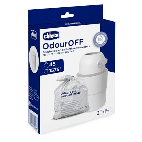 Chicco Odour Off Pouches, Toilet Eater Bags, Telescopic Bin Liners, Three Layer Sturdy Material, Retains Odours, 45 Bags, 15 x 3