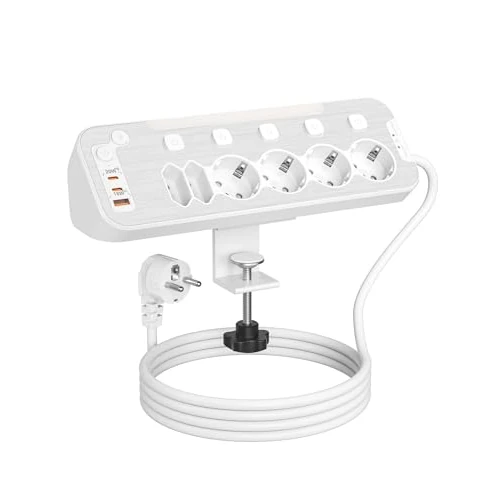 Table Power Strip with Individual Switch,6 Socket Desktop USB Power Strip,Surge Arrester and Surge Power Strip with Removable Desktop Mounting Bracket,2m Angle Multiple Socket Cable,White