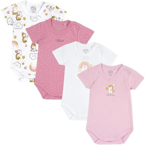 Chicco, Body Recién Nacido Niño y Niña, Set de 4 Body de Manga Corta de 100% Algodón, Ropa Bebé 0-24 Meses, Designed in Italy