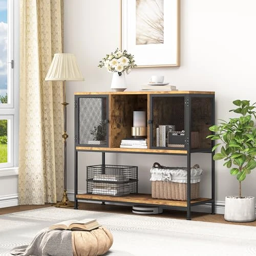 YITAHOME Keukenkasten met wijnhouder, opbergkast voor dressoir, wijnbuffet, dressoirs voor woonkamer, eetkamerkasten, dressoirs met 2 deuren 100x85x35cm (rustiek bruin)