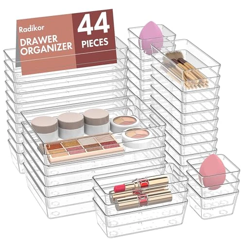 Limited-time offer: Radikor Drawer Organiser Set, 44pcs Clear Plastic Makeup Drawer Organiser Trays, 4-Size Desk Drawer Inserts/Dividers, Acrylic Storage Bins for Make Up, Cosmetic, Vanity, Officce, Bathroom from 51.22 GBP to 51.22 GBP (save 0%)