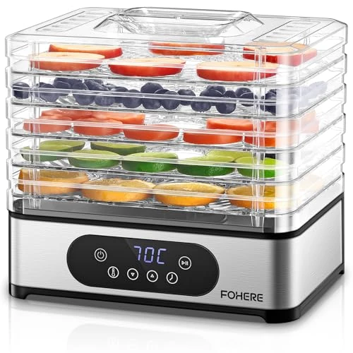 FOHERE Food Dehydrator, 420W Stainless Steel Dehydrator, 5 Height Adjustable Trays, 30-70°C Temperature Control and 48 Hour Timer, For Fruit, Meat, BPA Free
