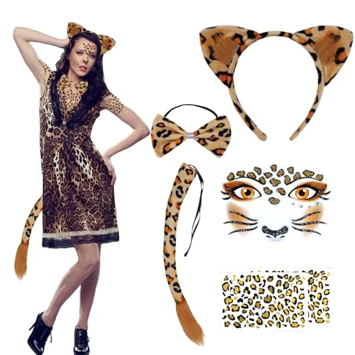 6 Pezzi Set Costumi Leopardo, Costume Carnevale Donna con Orecchie Leopard Adesivi Faccia Leopardo Tatuaggi, Papillon, Coda, Cosplay Animale Travestimento Accessori Leopardati per Carnevale e Feste