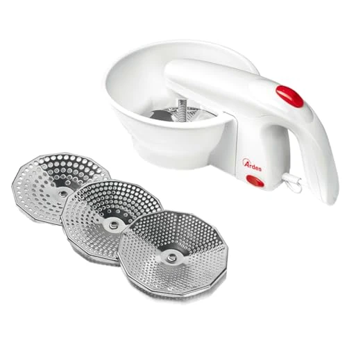 ARDES - ARPASS01 Elektryczny młynek do warzyw puree krem dla niemowląt z 3 tarczami do cięcia ze stali nierdzewnej, łatwa w użyciu z każdą miską