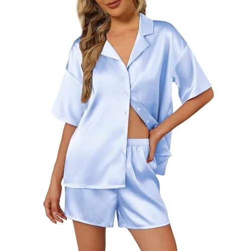 Ekouaer Dames pyjama set zijde satijn korte mouw nachtkleding button down pyjama set tweedelige loungewear, Lichtblauw, L