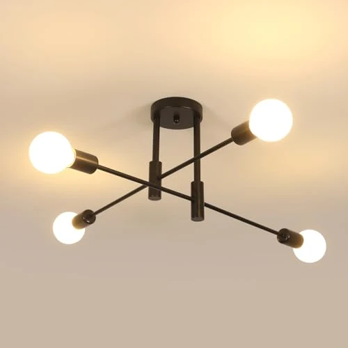 Comely Lampara de Techo Vintage Industrial, 4 Luces E27 Lámpara de Araña Sputnik, Luz de techo Moderno para Salón Dormitorio Comedor Cocina, Negro (Sin Bombilla)