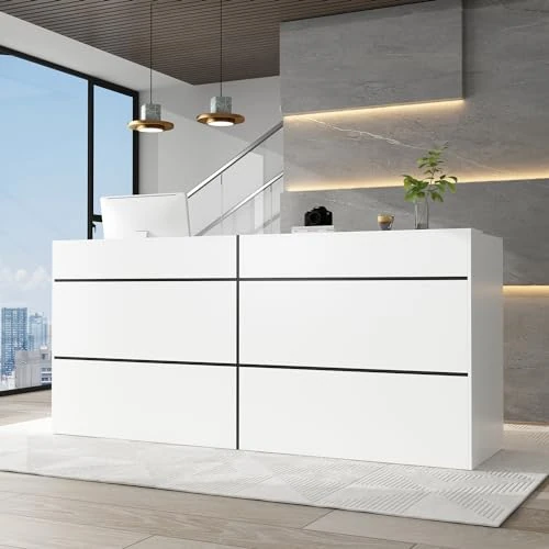 Large Reception Counter with Large Worktop, Reception Desk, Reception Counter, Shop Counter, Sales Counter, Reception Furniture, White, MDF, 220 cm x 60 cm x 100 cm