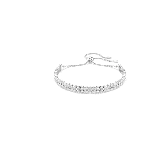 Swarovski Bracelet Tennis Matrix, double rangée de cristaux ronds blancs taille ronde, fermoir coulissant ajustable, style élégant et lumineux, métal rhodié