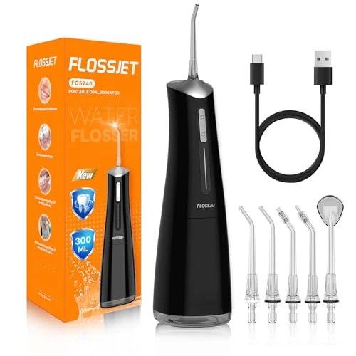 FlossJet Water Tandflosser voor Tanden Draadloos met 300ML 4 Reinigingsmodi 5 Jet Tips Draagbare Monddouche USB-aangedreven Elektrische Flosser IPX7 Waterdichte Irrigator Dental voor Thuis en Reizen