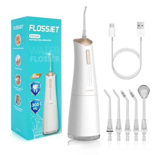 FlossJet Irrigador Dental Inalámbrico Irrigador Bucal Portatil 300ML Water Flosser Limpiador Dientes Agua Presion con 5 Boquillas 4 Modos IPX7 Impermeable USB Recargable Para Casa y de Viaje(Blanco)