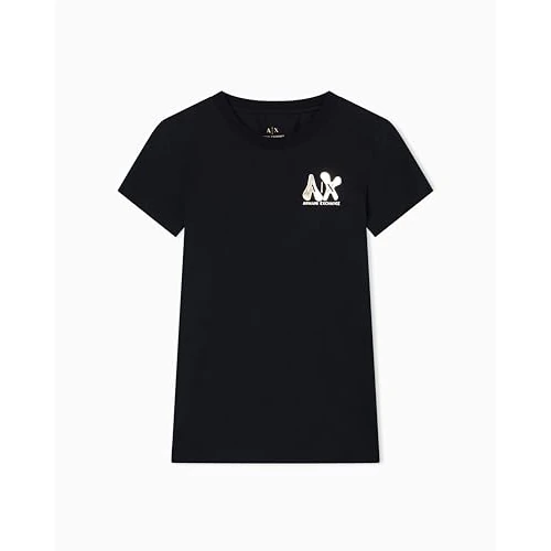 Armani Exchange T-Shirt à Manches Courtes pour Femme avec Logo doré imprimé Slim fit, Noir, S