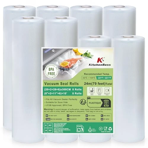 Offerta a tempo: KitchenBoss Sacchetti Sottovuoto Alimenti：Buste Sottovuoto Alimenti 20x2/28x6/300 cm, 8 Rotoli, Rotolo Sottovuoto Alimenti Senza BPA, Adatti per Macchine Sottovuoto & Cottura Sous Vide — 17% da 22,99 € a 19,05 €