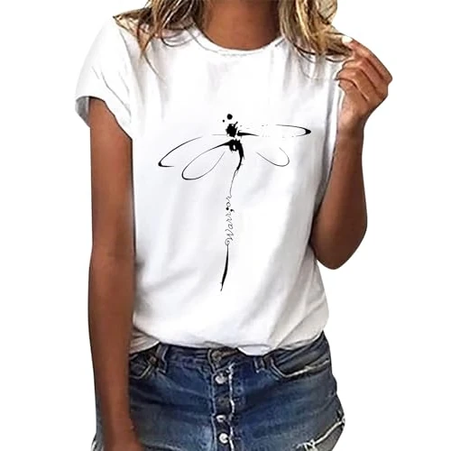 heekpek Summer T-Shirt Women's Basic T-Shirt Print Crew Neck White Tops Cotton Casual Women's Short Sleeve Blouse Tops, Black Dragonfly, L