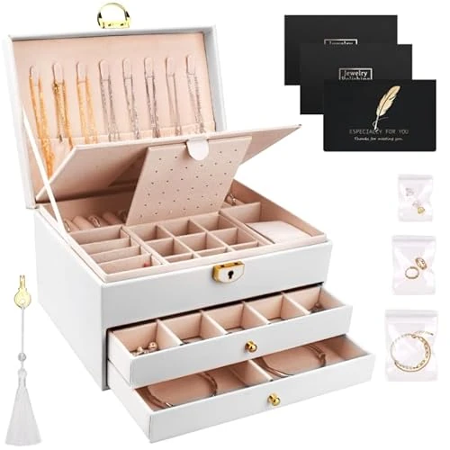 TegoVE Sieradendoosje met 3 niveaus, sieradenopslag, horlogekussens, slot en sleutel, geschikt voor ringen, oorbellen, halskettingen
