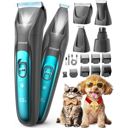 Offerta a tempo: oneisall 4 in 1 Tosatrice per Cane Gatto con Luce LED, 2025 Nuova Versione Cura Peli Animali per Rasoio Cani & Zampe & Smerigliatrice Artiglio, 2000mAh Ricaricabile Rasoio per Cani (Blau, 4-in-1) - 24% da 49.99 € a 37.99 €
