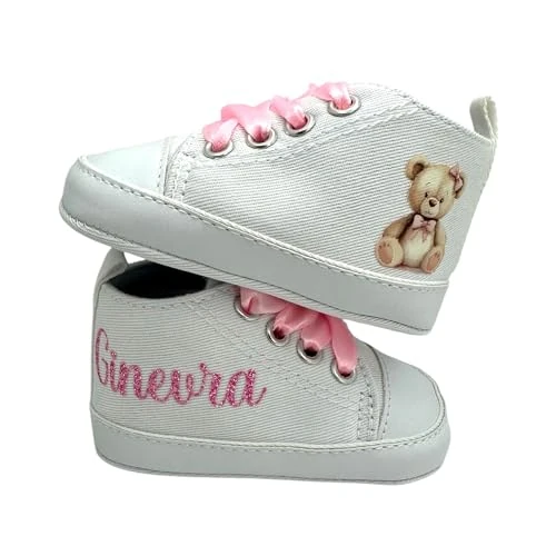 LulluLab Scarpine Neonato personalizzate con nome, primi passi, ottima idea regalo. (Teddy Rosa 0-3 mesi)
