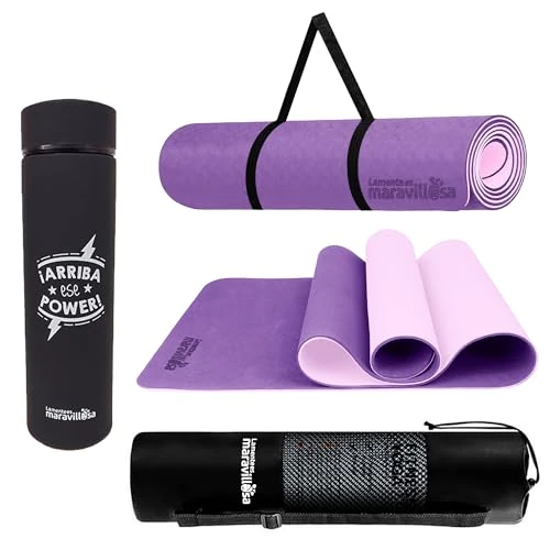 LA MENTE ES MARAVILLOSA - Tapis antidérapant pour yoga, pilates, fitness et sport + thermos en acier inoxydable de 400 ml | avec E-Book de 50 exercices, sac et sangle (violet/noir)