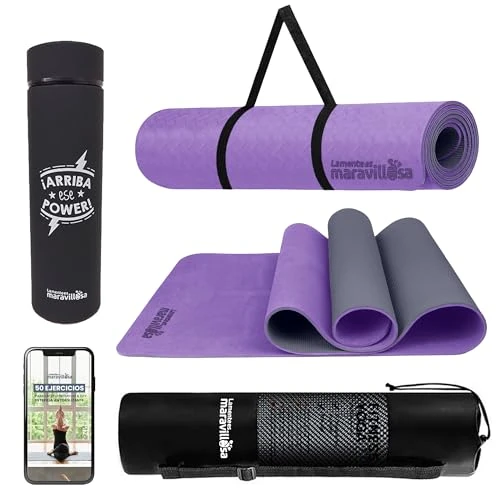 LA MENTE ES MARAVILLOSA - Non-Slip Mat for Yoga, Pilates, Fitness and Sports + 400 ml Stainless Steel Flask | with E-Book of 50 Exercises, Bag and Strap (Purple/Black)