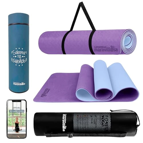 LA MENTE ES MARAVILLOSA - Non-Slip Yoga Mat for Pilates, Fitness and Sports + 400 ml Stainless Steel Flask | with 50 Exercise E-Book, Bag and Strap (Purple/Blue)