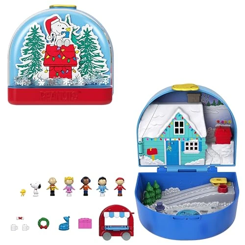 Mattel Polly Pocket x Peanuts - Cofanetto da collezione, set con 2 micro bambole Snoopy e Woodstock, 4 luoghi iconici e 7 accessori a tema inclusi, giocattolo per bambini, 4+ anni, JFV05