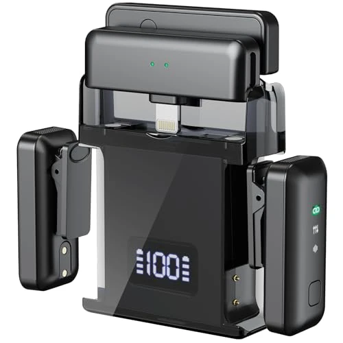 Micrófono Lavalier inalámbrico para iPhone Android (2 TX + 2 RX + funda de carga), mini micrófono inalámbrico con cancelación de ruido, batería de 20 horas, 200 pies, micrófono inalámbrico para iPhone