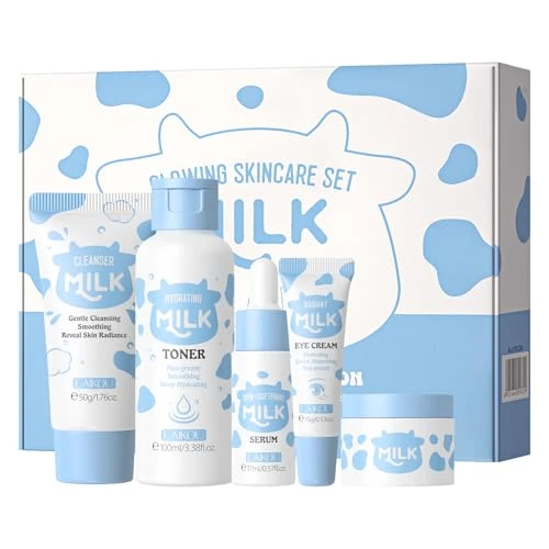 LAIKOU Milch Gesichtspflege Set für Teenager Mädchen, 5 Stück Skincare Set für Mädchen 12 Jahre, Mit Reinigungsmilch Gesichtswasser Augencreme Serum Creme, Geschenkidee für Geburtstag oder Feiertage