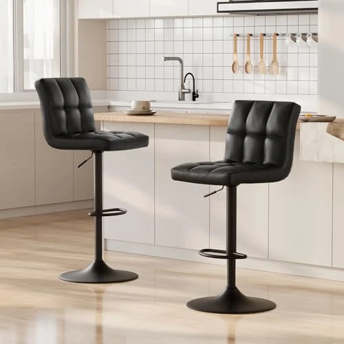 bigzzia Barstool, Bar Stools Set of 2 PU Leather Swivel Height Adjustable Bar Chairs With Backrest For Breakfast Counter, Kitchen and Home Barstools (New Black Set)