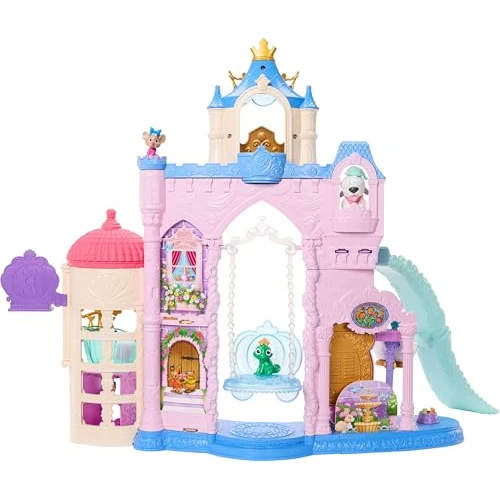 Mattel Disney Prinses Dierenkasteel, speelset met 7 speelplekken, 3 dierenvriendjes, meubels en 17 accessoires, dierenpaleis van 65 cm, geïnspireerd op films, JBF96