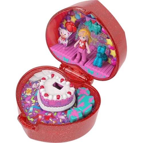 Mattel Polly Pocket Schatullen-Spielset zum 80. Jubiläum, Schmuckkästchen mit Puppe, Ballontier und Ring, Ringetui zum Thema Feierspaß, JGK21