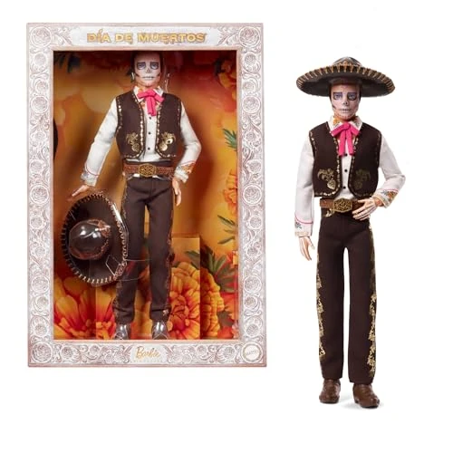Barbie Signature Día De Muertos 2025, bambola Ken collezionabile con camicia color crema, smanicato e pantaloni neri, sombrero e decorazione calavera sul viso, JBJ06