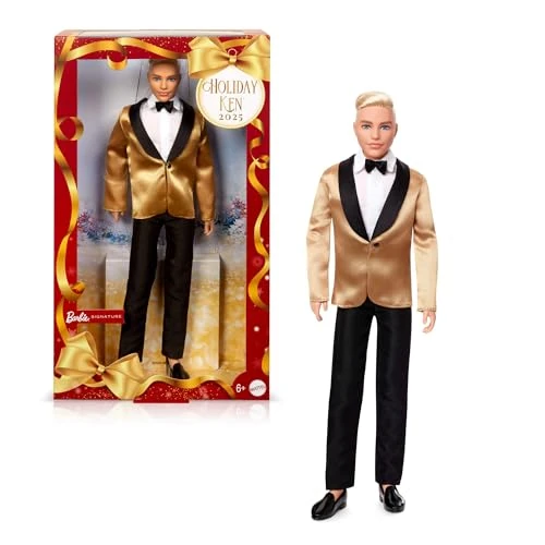 Limited-time offer: Barbie Signature 2025 Holiday Blonde Ken Collectible Fashion Doll Wearing Full Suit with Golden Jacket in Displayable Packaging & Doll Stand from $32.40 to $12.96 (save 60%)