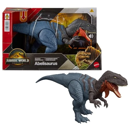 Mattel Jurassic World La Rinascita Abelisauro Ruggito Selvaggio, dinosauro giocattolo con morso multidirezionale azionato con la coda e suoni, snodato, gioco digitale, JGB91