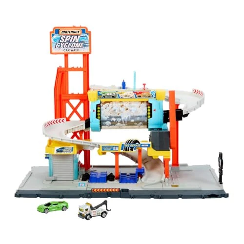 Offerta a tempo: Matchbox - Autolavaggio Cyclone, set con pista, auto da corsa e carro attrezzi inclusi, tunnel di lavaggio rotante, officina meccanica e parcheggio, giocattolo per bambini, 3+ anni, JGB68 - 46% da 49.99 € a 27.13 €